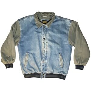 Vintage North Bay Denim Varsity Bomber Jacket Blue Green Quilted 90s Men's Large